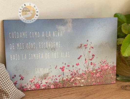 Lámina de madera DM "Cuídame como a la niña de mis ojos, escóndeme bajo la sombra de tus alas“