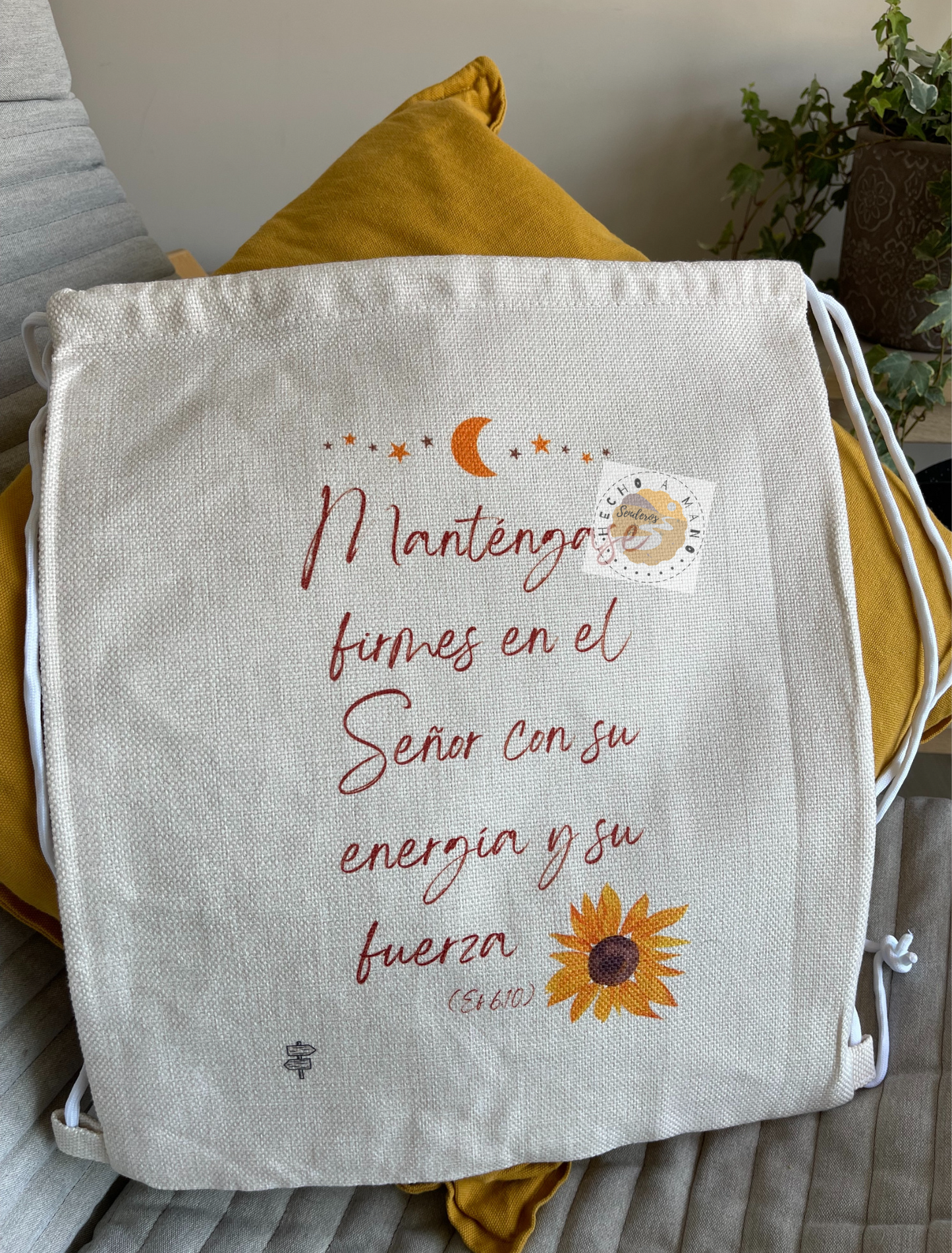 Mochila cuerdas Símil Lino "Manténganse firmes en el Señor con su energía y su fuerza"