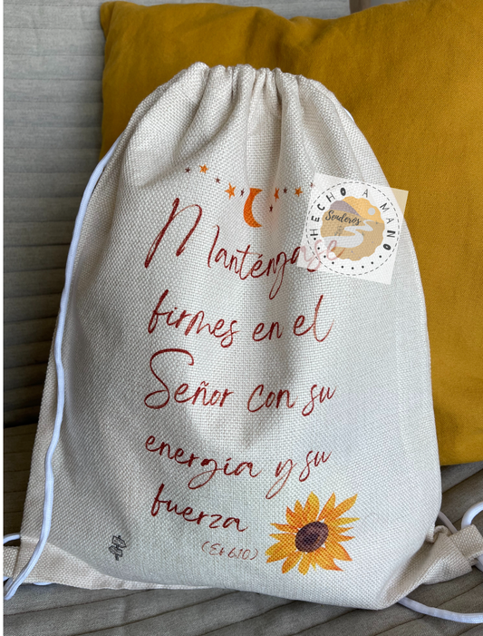 Mochila cuerdas Símil Lino "Manténganse firmes en el Señor con su energía y su fuerza"